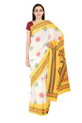 White-Green and Yellow Cotton Block Print Kalamkari Saree-20153